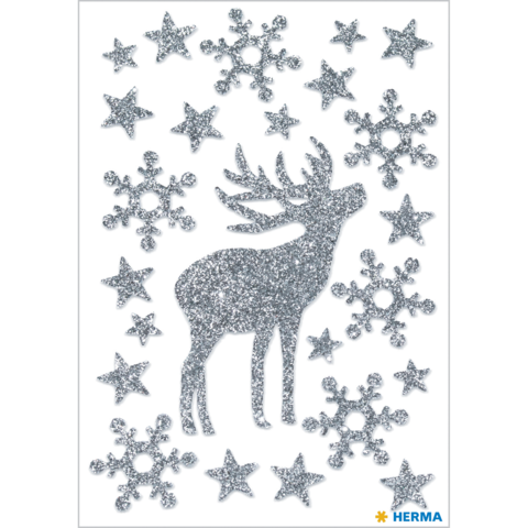 Glitzernder Rentier-Silhouette umgeben von funkelnden Sternen und Schneeflocken in Silber.