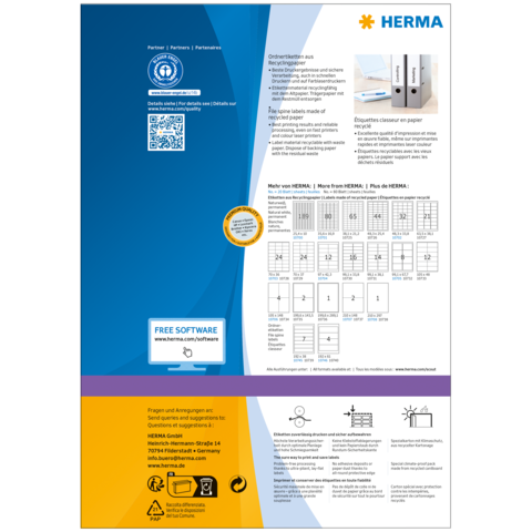 HERMA Produktinformation mit QR-Code, Softwarehinweis und Anleitungen für Etiketten. Enthält Tabellen und Details zu verschiedenen Etikettengrößen.