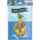 Ein Stickeralbum mit einem Piratenschiff, auf dem mehrere Piraten stehen, darunter einer mit einem Fernrohr.