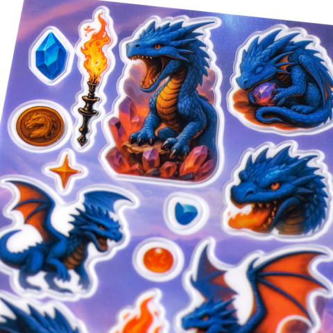 Bunte Aufkleber mit blauen Drachen, Edelsteinen, einer Fackel und verschiedenen Symbolen auf lila Hintergrund.