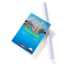 Mathebuch mit dem Titel "Mathematik 2.1" und einem blauen Cover, daneben ein Blatt mit kariertem Muster.