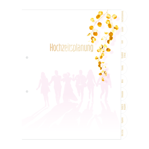Hochzeitsplanungsordner mit goldenen Akzenten und Silhouetten von Personen, die zusammen tanzen oder feiern.
