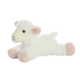 Plüschschaf in Weiß mit rosa Pfoten, liegend und freundlich aussehend. Ideal als Kuscheltier für Kinder.