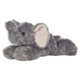 Graues Plüschelefant mit großen Ohren, in seitlicher Position liegend. Weiches Material und freundlicher Gesichtsausdruck.