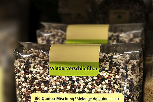 HERMA Wieder Verschlussetiketten, auf einer Körnerverpackung, Querformat