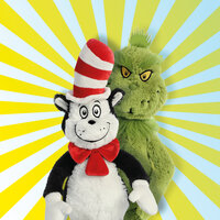 Der Grinch und eine gestreifte Katze mit Hut stehen vor einem strahlenden, gelben Hintergrund.