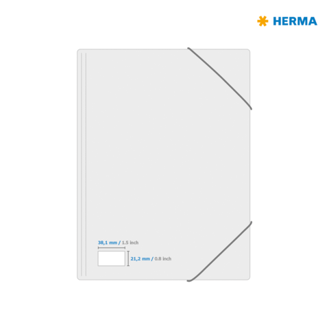 Leeres, weißes Dokumentenheft mit grauem Gummiband, Maße: 38,1 mm x 21,2 mm. Hersteller: HERMA.