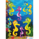 Bunte Seepferdchen in verschiedenen Farben schwimmen im Wasser, umgeben von Korallen und Pflanzen.