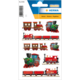 Aufkleber mit verschiedenen bunten Lokomotiven und Waggons in rot und grün, angeordnet auf einem weißen Hintergrund.