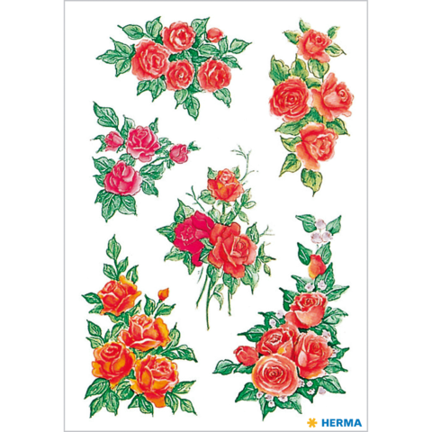 Bunte Rosenaufkleber in verschiedenen Anordnungen, mit grünen Blättern und unterschiedlichen Rosentönen.