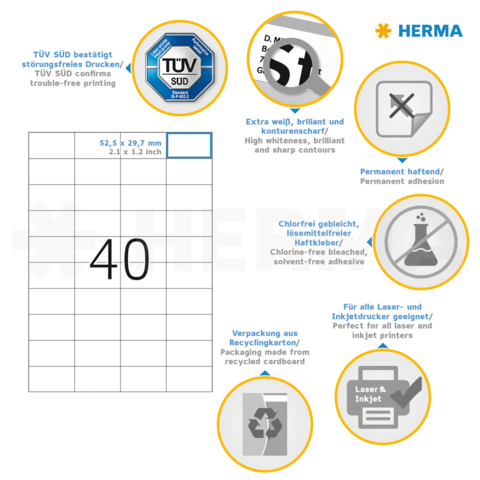 TÜV SÜD bestätigt störungsfreies Drucken. Enthält Informationen zu Haftung, Material und Verwendung für Laser- und Inkjetdrucker.
