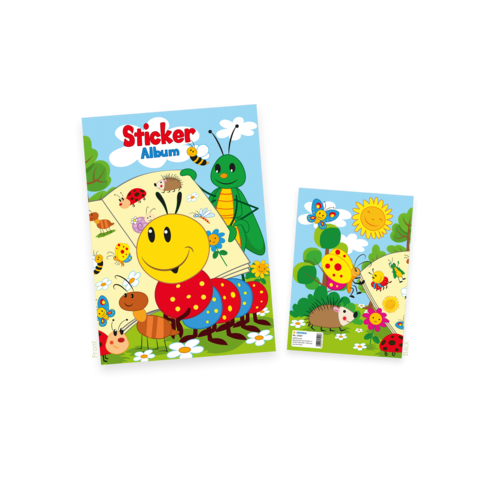 Ein buntes Stickeralbum mit einem fröhlichen Käfer und einer Grille auf dem Cover, umgeben von Blumen und anderen Insekten.