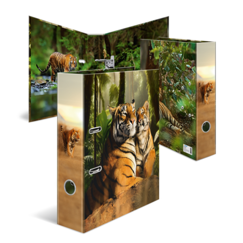 Ordner mit Tiger-Motiven, darunter ein Paar Tiger und ein Jungtier in einer Dschungelumgebung.