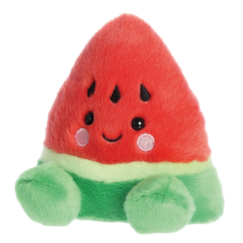 Kuscheliger Wassermelonen-Plüsch mit roten und grünen Farben, lächelndem Gesicht und kleinen Armen.