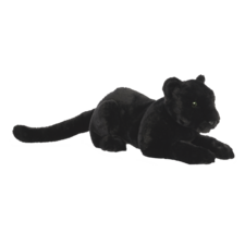 Schwarzer Plüschpanther, liegend mit einem glänzenden, weichen Fell und grünen Augen.