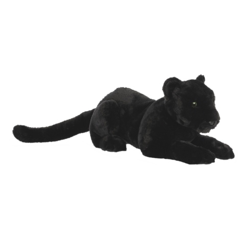 Schwarzer Plüschpanther, liegend mit einem glänzenden, weichen Fell und grünen Augen.