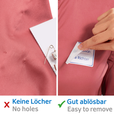Zwei Etiketten auf einem rosa Stoff. Links steht "Keine Löcher", rechts "Gut ablösbar" mit einem abziehbaren Namensschild.