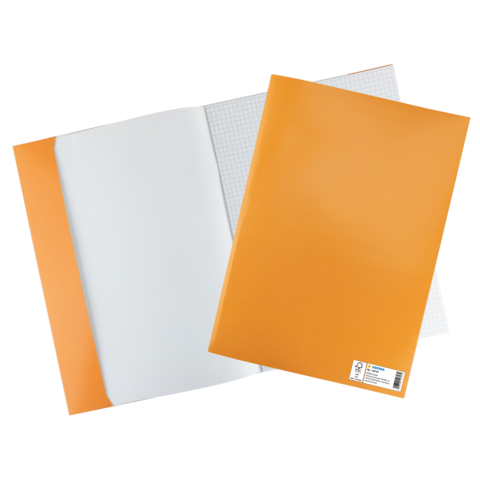 Zwei Ordner, einer orange und einer weiß, liegen auf einem karierten Blatt Papier. Der orange Ordner hat ein Etikett.