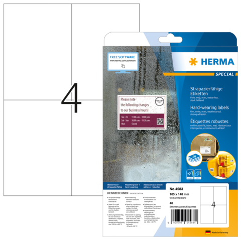 Packung mit strapazierfähigen Etiketten von Herma, inklusive Anweisungen zur Nutzung und Softwarehinweisen.