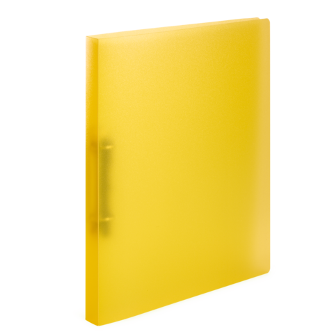 Gelbes, transparentes Ordnersystem mit einer glatten Oberfläche und einem stabilen Standfuß. Ideal für die Aufbewahrung von Dokumenten.