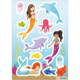 Meerjungfrauen, Delfine, Fische und Quallen in einem bunten Unterwasserdesign. Verschiedene Figuren und Meereslebewesen sind abgebildet.