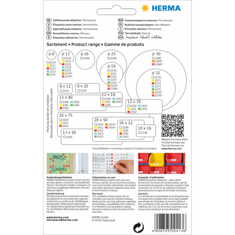 Produktinformationen und Größenübersicht für selbstklebende Etiketten von Herma, einschließlich Anwendungshinweisen und Farbcodes.