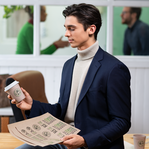 Ein junger Mann in einem Blazer hält einen Kaffeebecher und eine Mappe mit Dokumenten. Im Hintergrund sind zwei Personen im Gespräch.