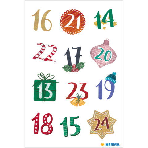 Zahlen von 13 bis 24 in festlichem Design, umgeben von weihnachtlichen Motiven wie Geschenken, Glocken und Sternen.