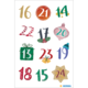 Zahlen von 13 bis 24 in festlichem Design, umgeben von weihnachtlichen Motiven wie Geschenken, Glocken und Sternen.