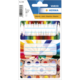 Bunte Etiketten in verschiedenen Designs, einschließlich Bleistiften und Farbkugeln, verpackt in einer transparenten Hülle.