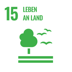 Symbol für nachhaltige Entwicklung: ein Baum, Vögel und der Text "15 Leben an Land".