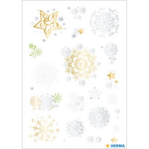 Eine Sammlung von Schneeflocken und Sternen in verschiedenen Farben, darunter Gold, Silber und Grün, auf einem weißen Hintergrund.