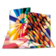 Ein aufgeschlagenes Buch mit bunten Buntstiften auf den Seiten, die in verschiedenen Farben angeordnet sind.