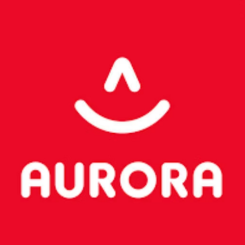 Logo von Aurora mit einem lächelnden Symbol auf rotem Hintergrund. Der Schriftzug "AURORA" ist in Weiß.