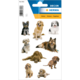 Aufkleber mit verschiedenen Hunderassen, darunter ein Golden Retriever, Yorkshire Terrier und Dackel, auf einem dekorativen Hintergrund.