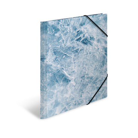 Ein blauer Ordner mit einer transparenten, eisähnlichen Oberfläche, der leicht schräg steht und Schatten wirft.