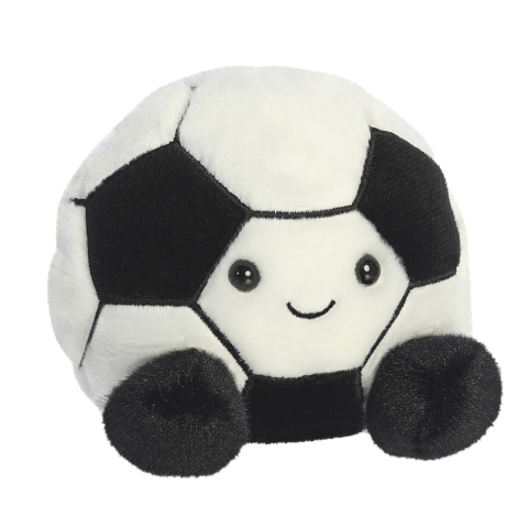 Kuscheliger Fußball mit einem lächelnden Gesicht und runden, schwarzen Füßen, der aus weichem Material gefertigt ist.
