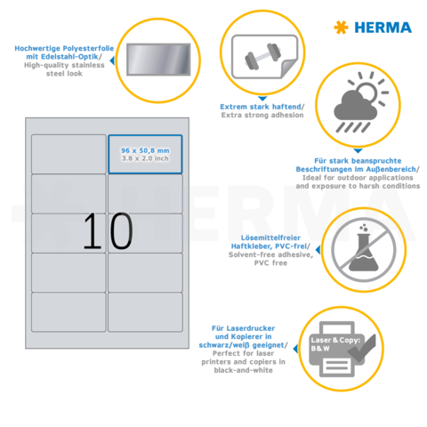 Selbstklebende Etiketten mit einer Größe von 96 x 50,8 mm, geeignet für Laser- und Kopierer, ideal für den Außenbereich.