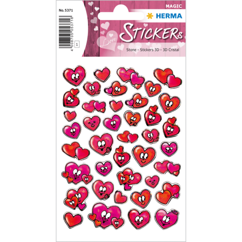 Bunte Herzaufkleber in verschiedenen Größen und Farben, darunter rot, pink und lila, mit unterschiedlichen Gesichtsausdrücken.