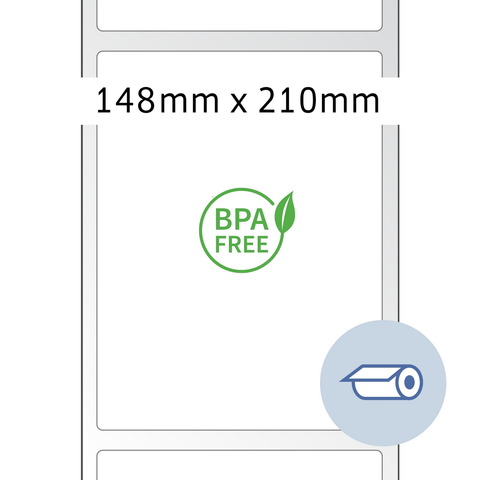 BPA-freies Etikett mit den Maßen 148 mm x 210 mm, umgeben von einem einfachen Rahmen.