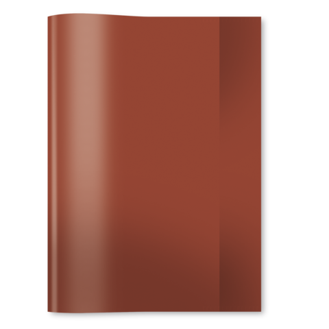 Ein braunes, glänzendes Heft oder Buch, das leicht geöffnet ist und auf einem dunklen Hintergrund liegt.