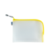 Transparente Tasche mit gelbem Reißverschluss und grauem Zugband, geeignet für die Aufbewahrung von kleinen Gegenständen.