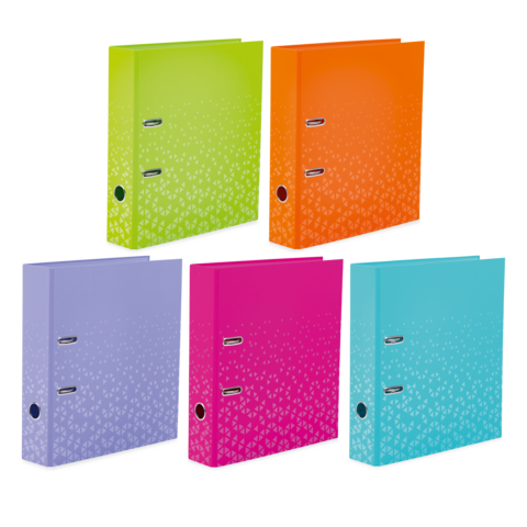 Fünf farbige Ordner in verschiedenen Farben: grün, orange, lila, pink und türkis, mit einem strukturierten Design und zwei Metallklammern.