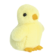 Gelbes Plüschküken mit schwarzen Augen und orangefarbenem Schnabel, in aufrechter Position.