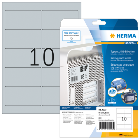 Typenschild-Etiketten von Herma, Packung mit 250 Etiketten, Größe 59 x 90 mm, mit der Nummer 10 auf der Vorderseite.
