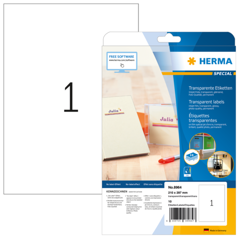 Transparente Etiketten von HERMA, Packung mit 10 Etiketten, geeignet für verschiedene Anwendungen, inklusive Softwarehinweis.
