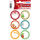 Bunte Aufkleber mit weihnachtlichen Motiven: Santa, Tannenbaum, Teddy, Schneemann, Stern und Geschenk in runden Rahmen.