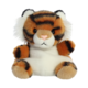 Plüsch-Tiger mit orangefarbenem Fell, schwarzen Streifen und weißen Ohren, sitzt aufrecht mit einem neutralen Gesichtsausdruck.