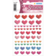 Bunte, gepolsterte Herzaufkleber in verschiedenen Farben und Mustern auf einem Bogen. Ideal für Dekorationen oder Bastelprojekte.