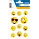 Bogen mit verschiedenen Smiley-Stickern in gelb, einschließlich fröhlicher und lustiger Gesichter, einige mit Sonnenbrillen.